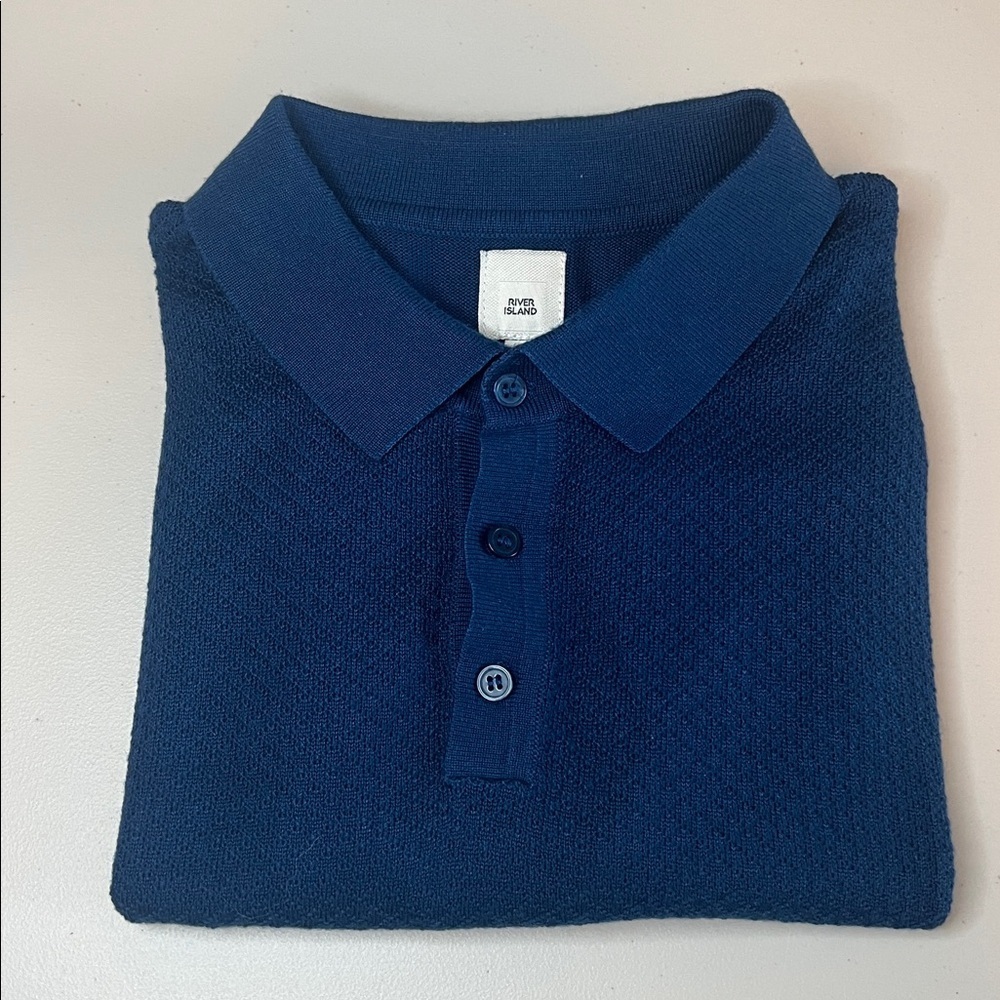 River Island Fitted Textured Polo Blue Size Large